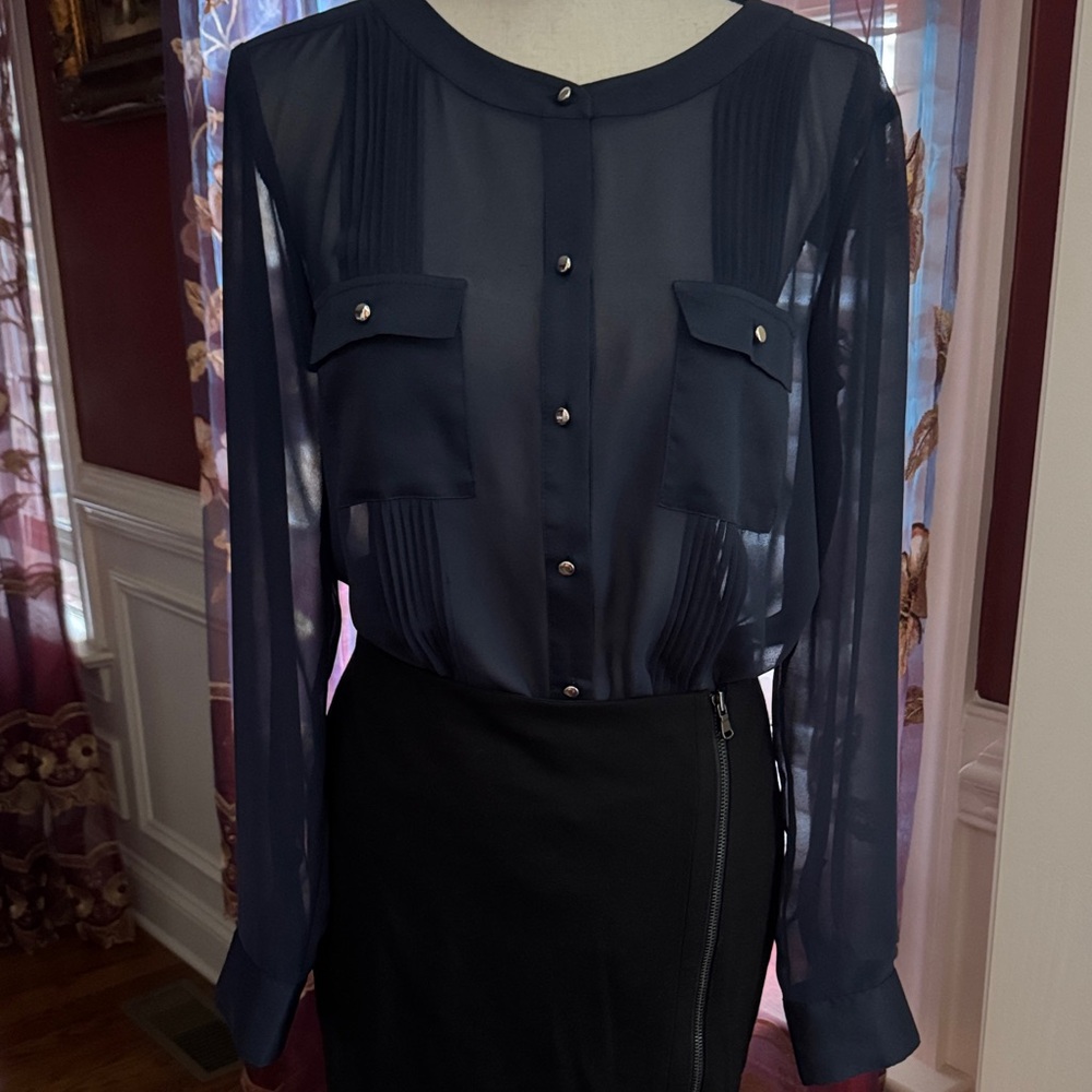 New Navy Sheer Button-Up Blouse